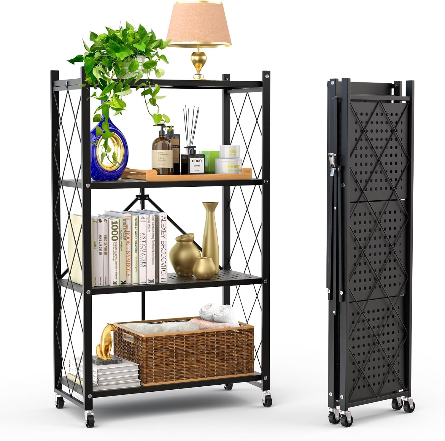 Black metal 4-tier foldable storage shelf front angled view with décor items and folded unit beside