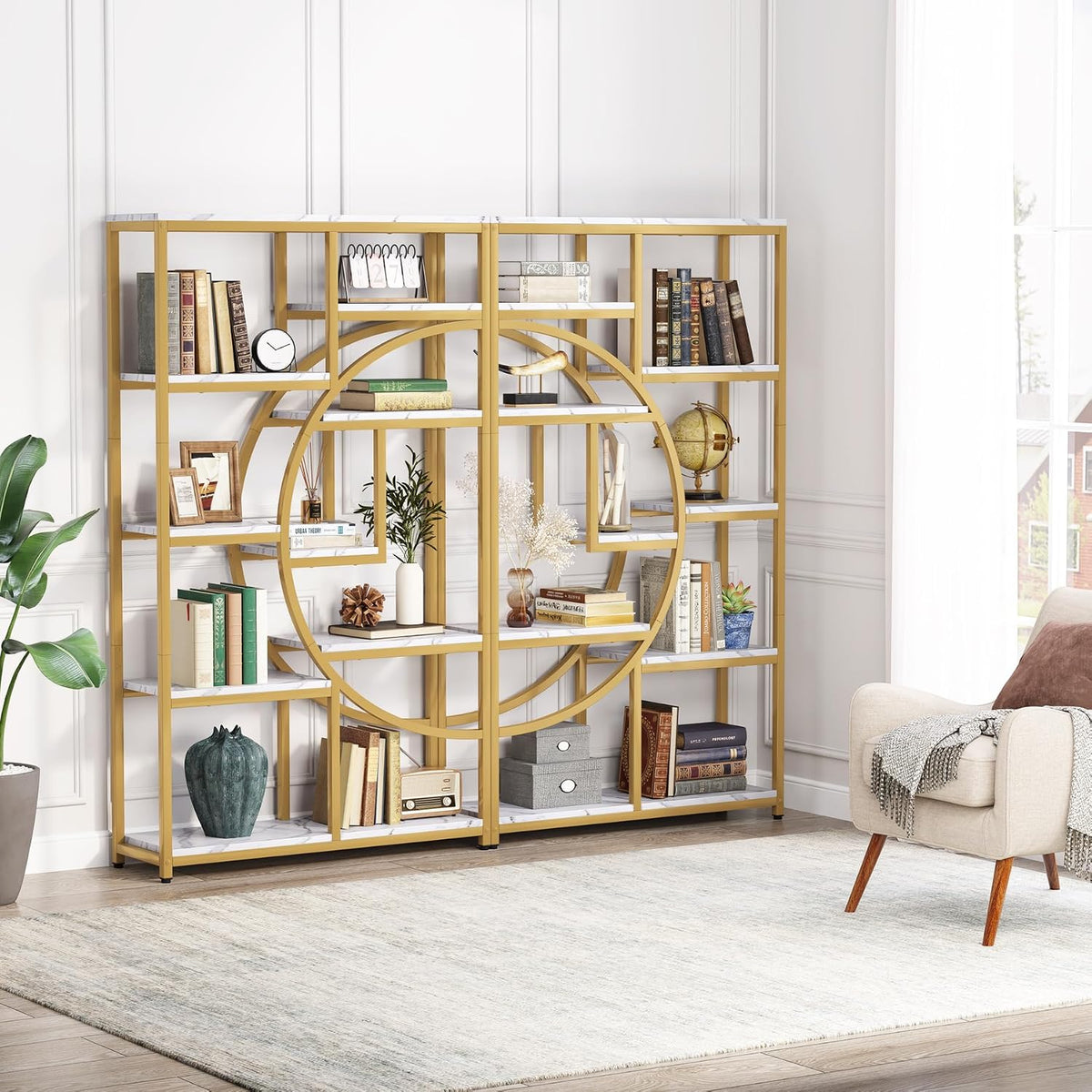 Staged living room scene with two bookshelf units side by side against a white paneled wall