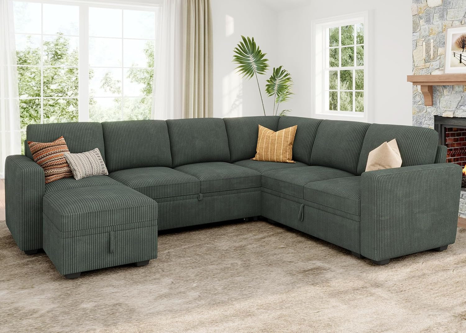 Modular Sectional Sleeper Sofa with Pull Out Bed, Corduroy Couch with Storage Seats Ottoman, U Shaped Sectional Couches for Living Room, Green