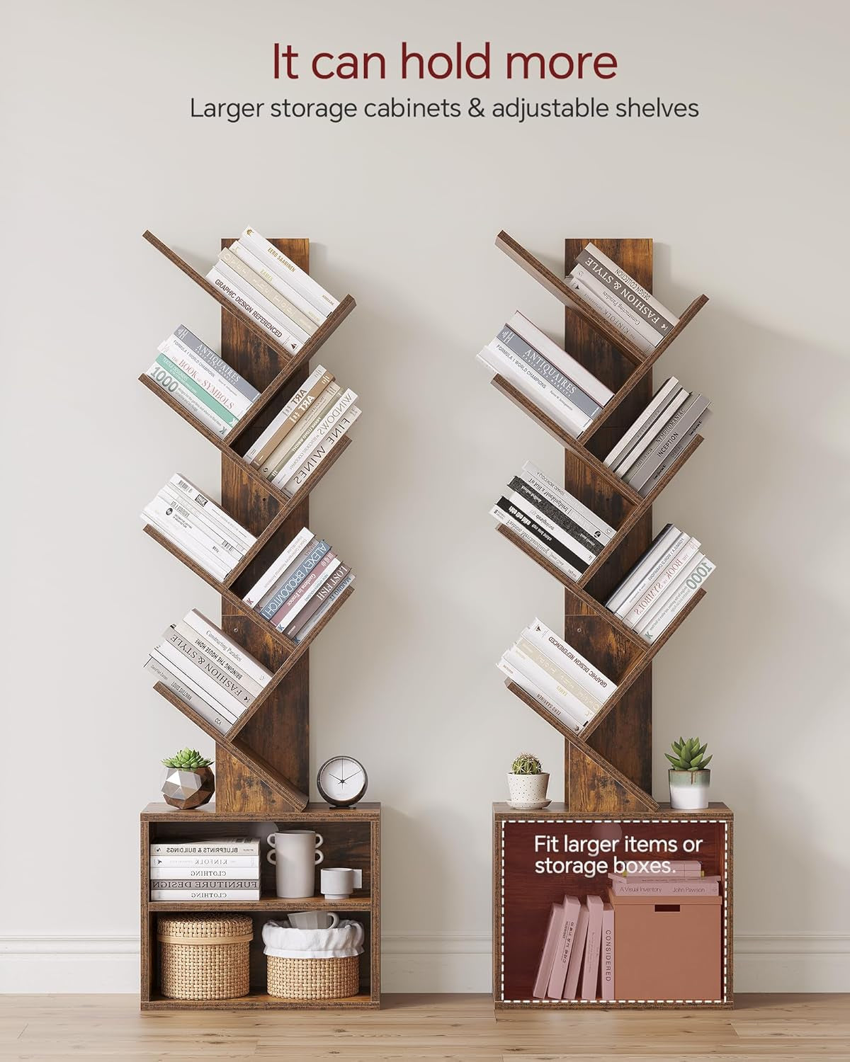 Two tree-style wooden bookshelves side by side; right unit highlights the larger lower cabinet area for storage boxes.