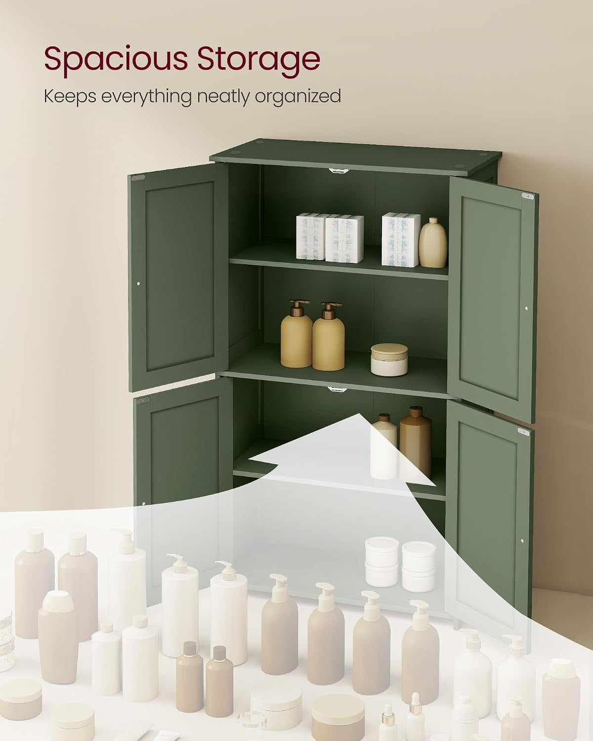 Open forest green cabinet interior with roomy shelves and a graphic arrow highlighting spacious storage for bottles and jars