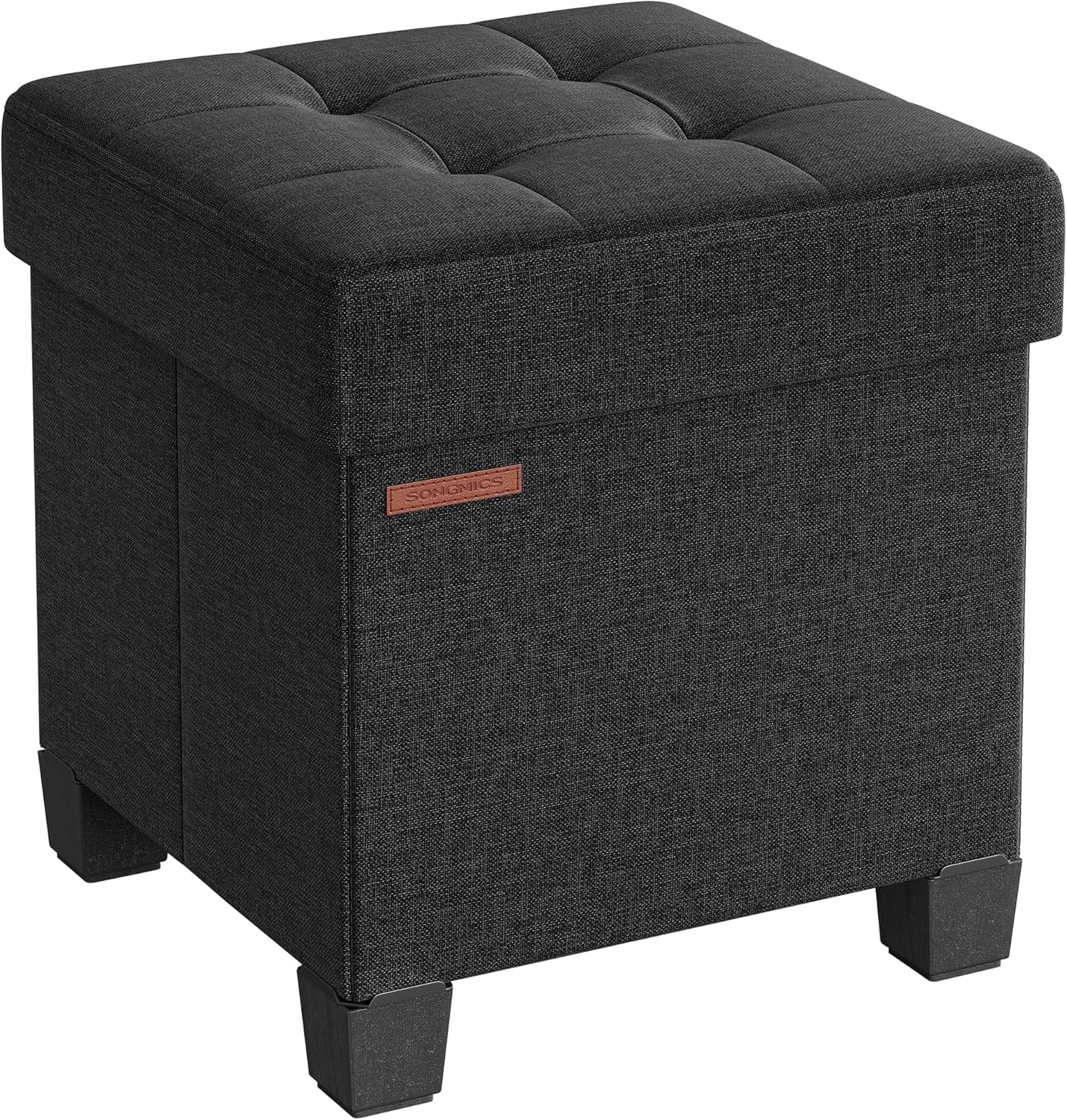 Dark charcoal tufted storage ottoman with stitched top and black angled legs