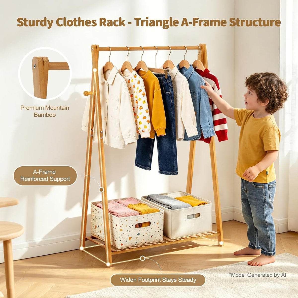 Child reaching toward a single-tier bamboo A-frame garment rack with hanging kids' clothes and storage bins below.