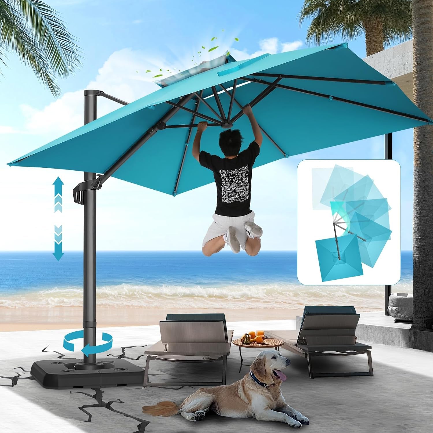 Teal offset umbrella open over poolside loungers with person reaching up and a dog on the patio
