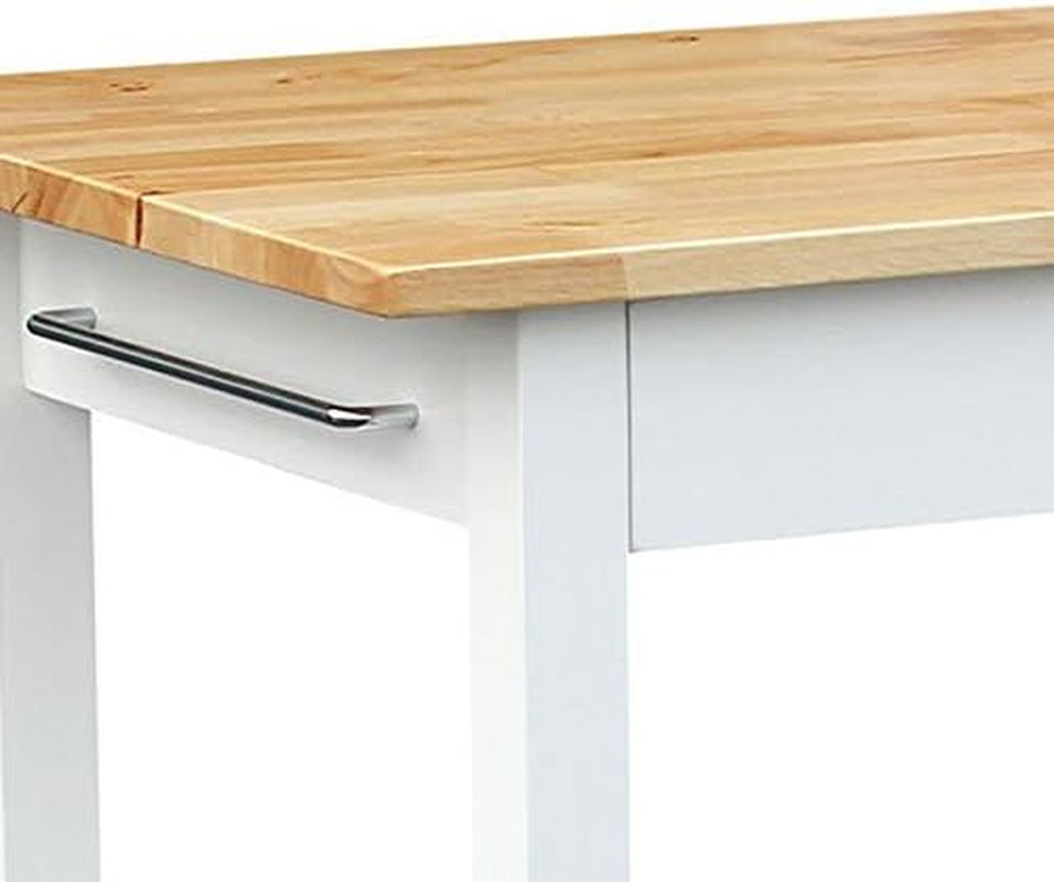 Close-up of island corner showing natural wood top, white painted leg and chrome towel bar.