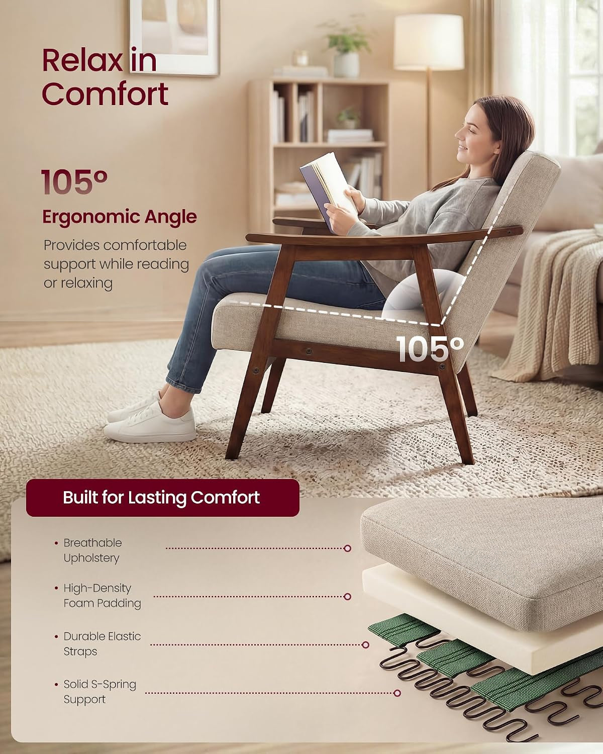 Side view of a person reclining in the chair with diagram callouts and layered cushion illustration.