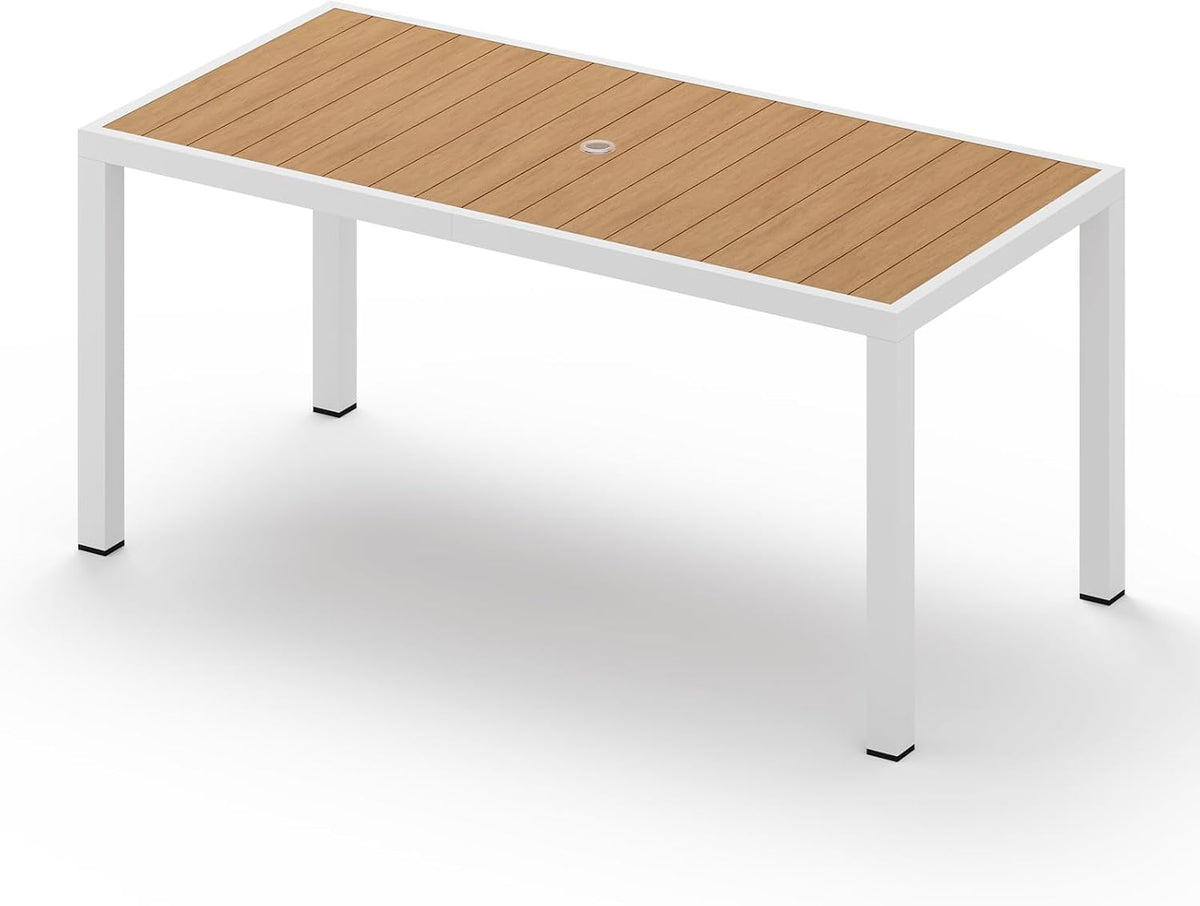 Rectangular outdoor table with white aluminum legs and a light wood slatted top, shown alone.