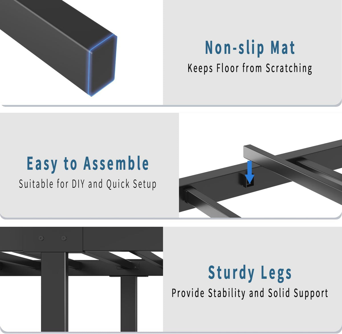Close-up collage of metal frame corners, slat connection and legs on a light background.