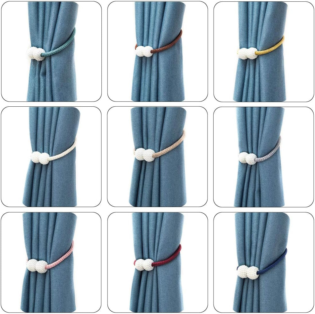 Nine small photos showing assorted colored magnetic tieback loops with white beaded balls on a blue curtain.