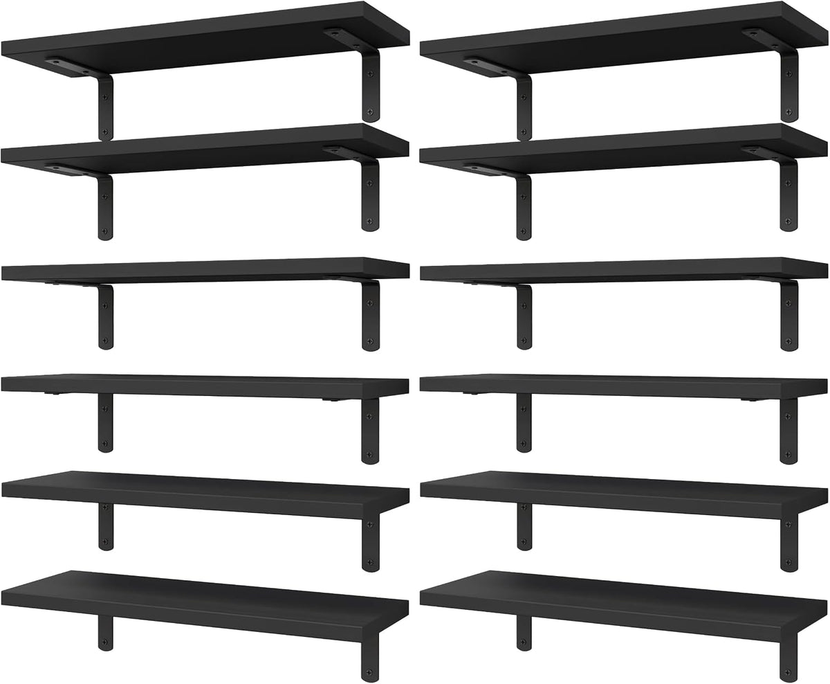 Rowed black floating wood shelves with black metal L-brackets on white background