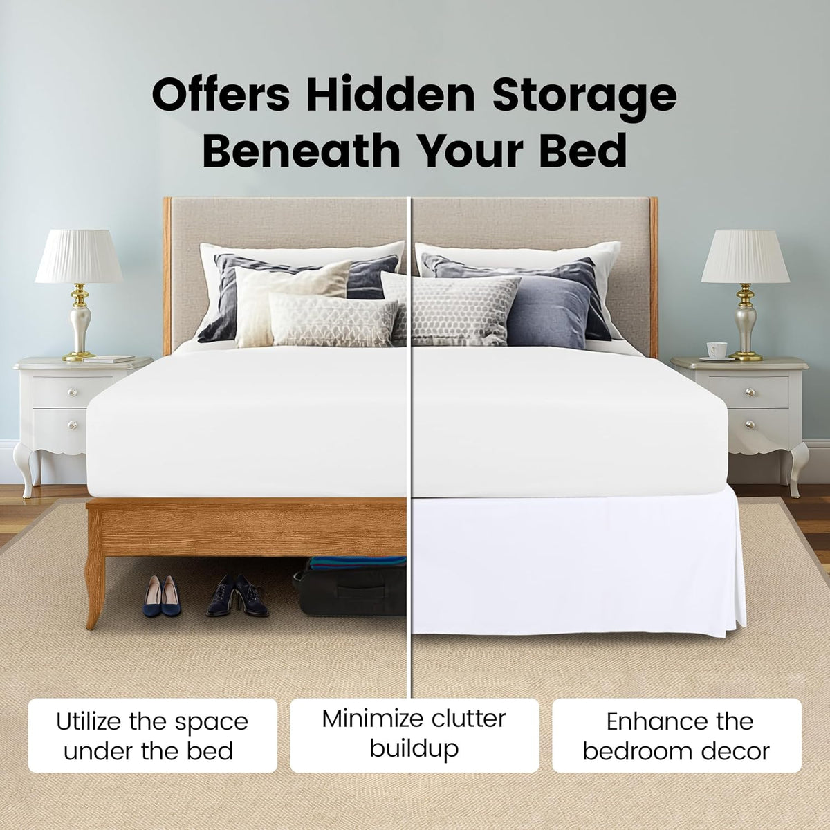 Split-front view comparing under-bed storage visible on left and hidden behind a white bed skirt on right