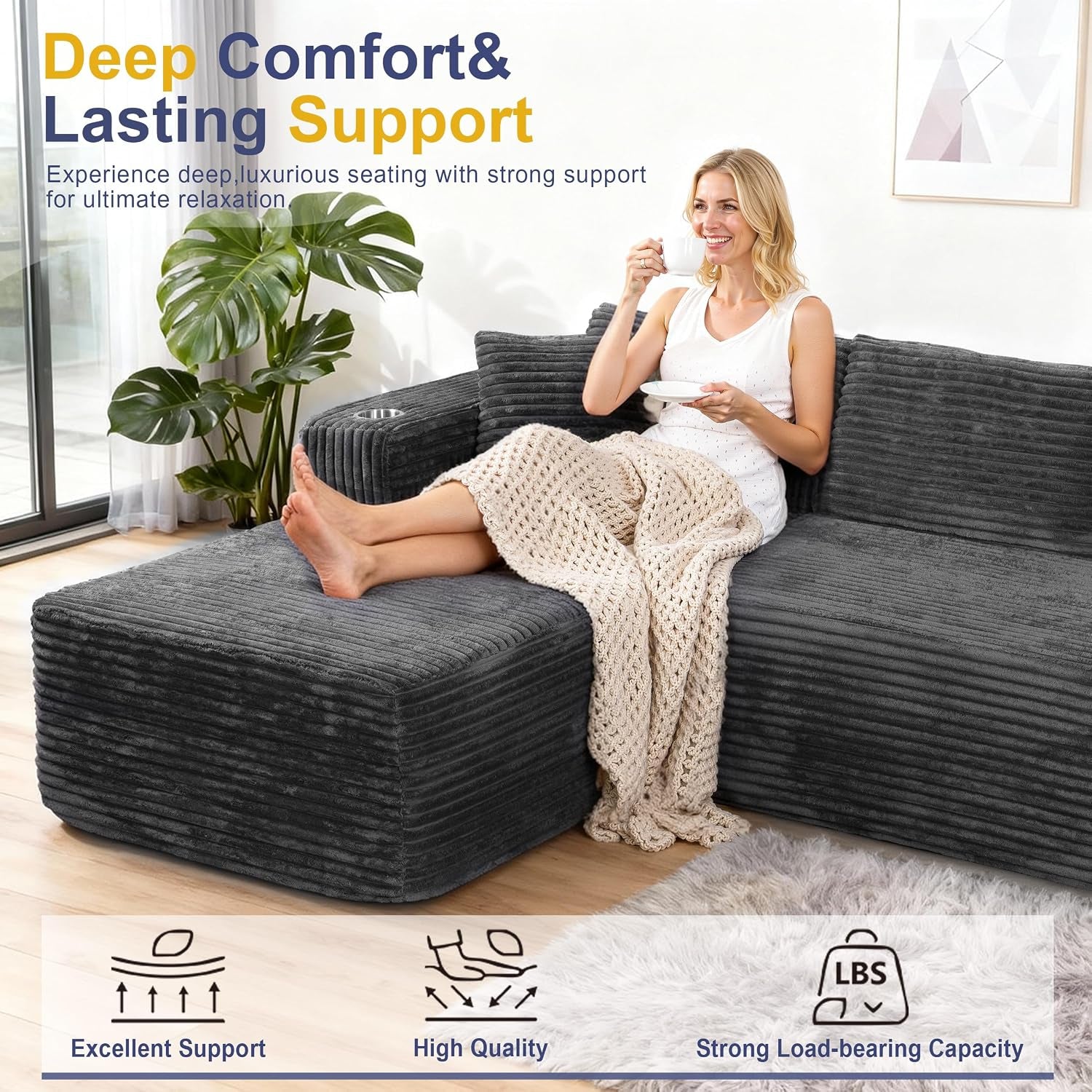 103" Boneless Couches for Living Room with 2 Cup Holders,L Shaped Modular Sectional Sofa Set,No Assembly Needed Plush Corduroy Living Room Set,Dark Gray