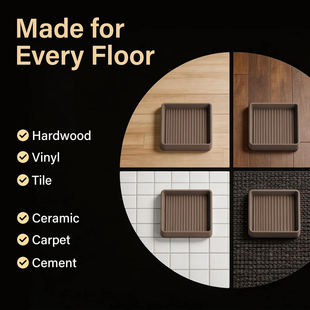 Four pads placed on hardwood, dark wood, white tile, and carpet quadrants to show floor compatibility.