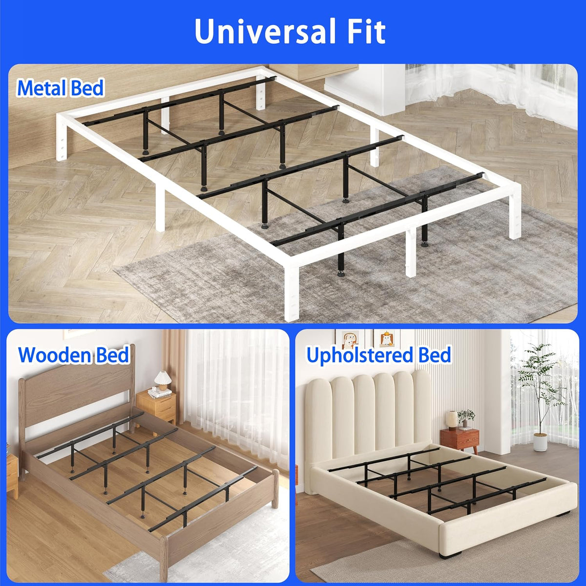 Three-scene collage showing the black crossbar kit installed in metal, wooden, and upholstered bed frames to illustrate fit