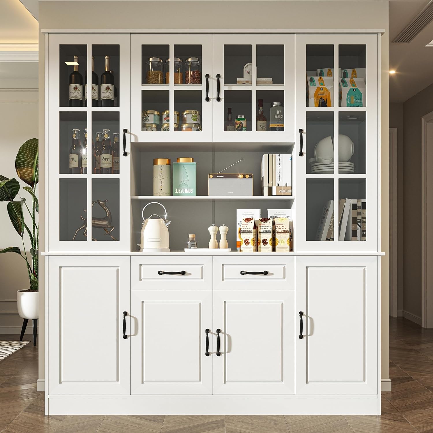 White china hutch with glass-paneled upper doors and drawers shown front view in a staged room