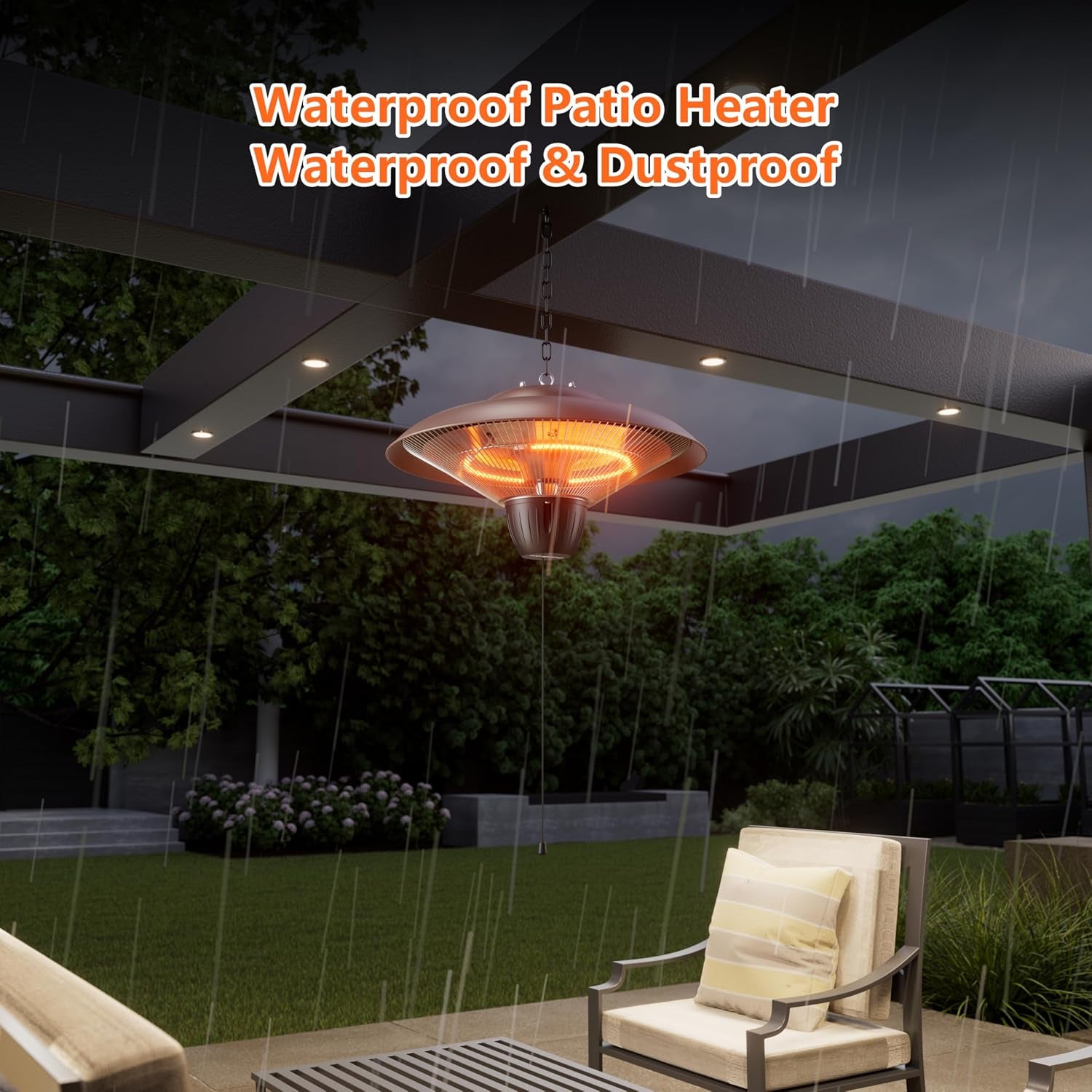 Brown hanging patio heater glowing under a covered pergola during rain, angled view over outdoor seating