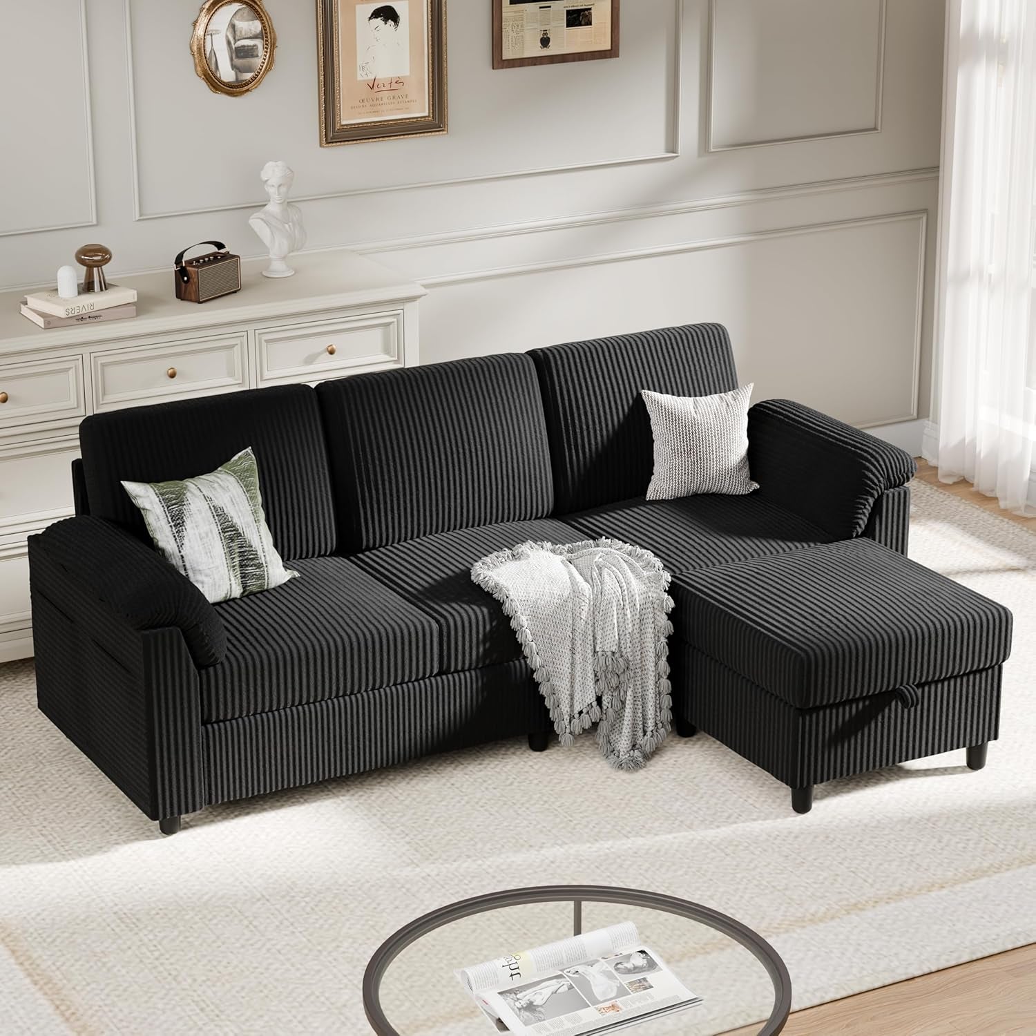Sectional Couch for Living Room, 79In Sectional Sofa with Ottoman, L Shaped Couch with Armrests Side Storage Pockage, 3-Seat Sofa Couches for Apartment, Black