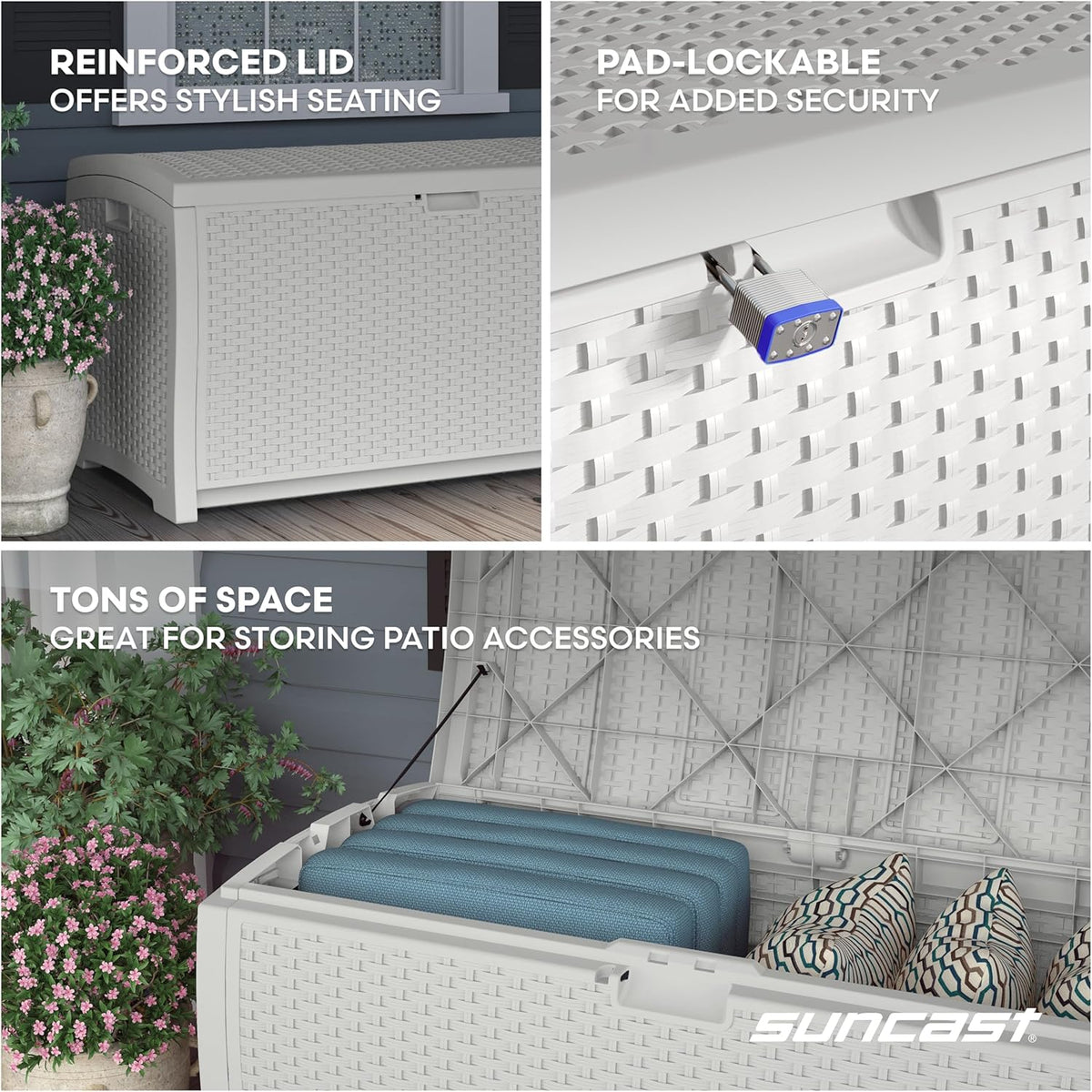 Collage showing reinforced rain-shedding lid seating, pad-lockable latch close-up, and interior storage