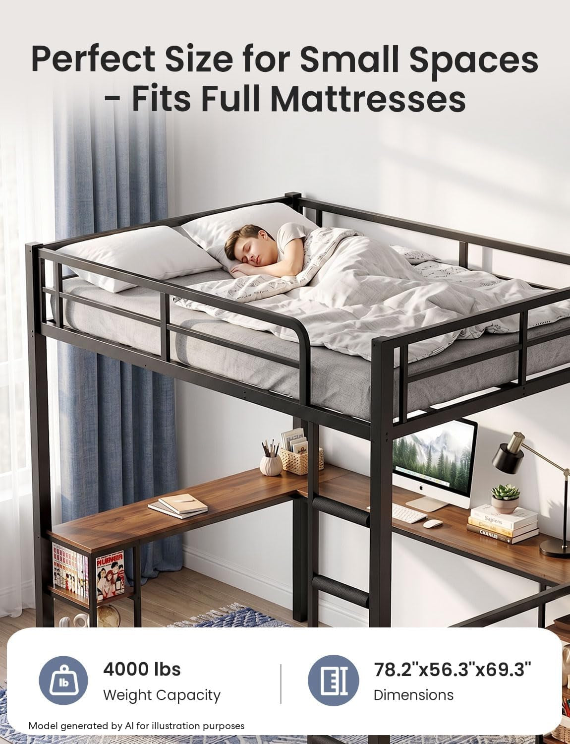 Close view of the upper full bed with guardrails and the corner of the L-shaped desk below.