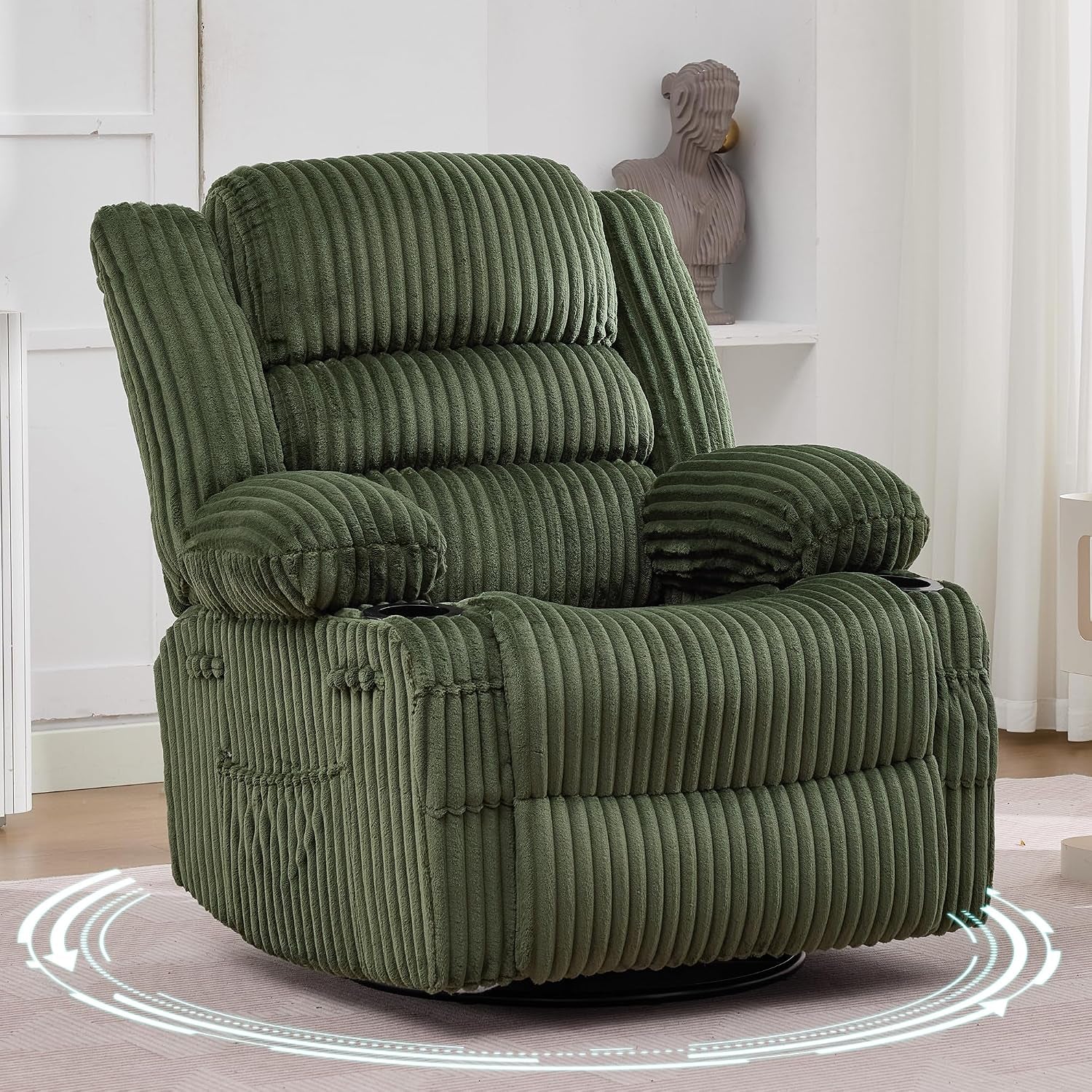 Low three-quarter view of a deep green corduroy swivel recliner showing rounded base and vertical ribbing.