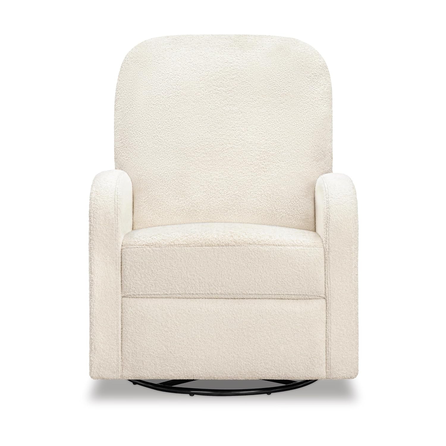 Front-facing view of cream boucle swivel recliner showing seat, arms, and round black base