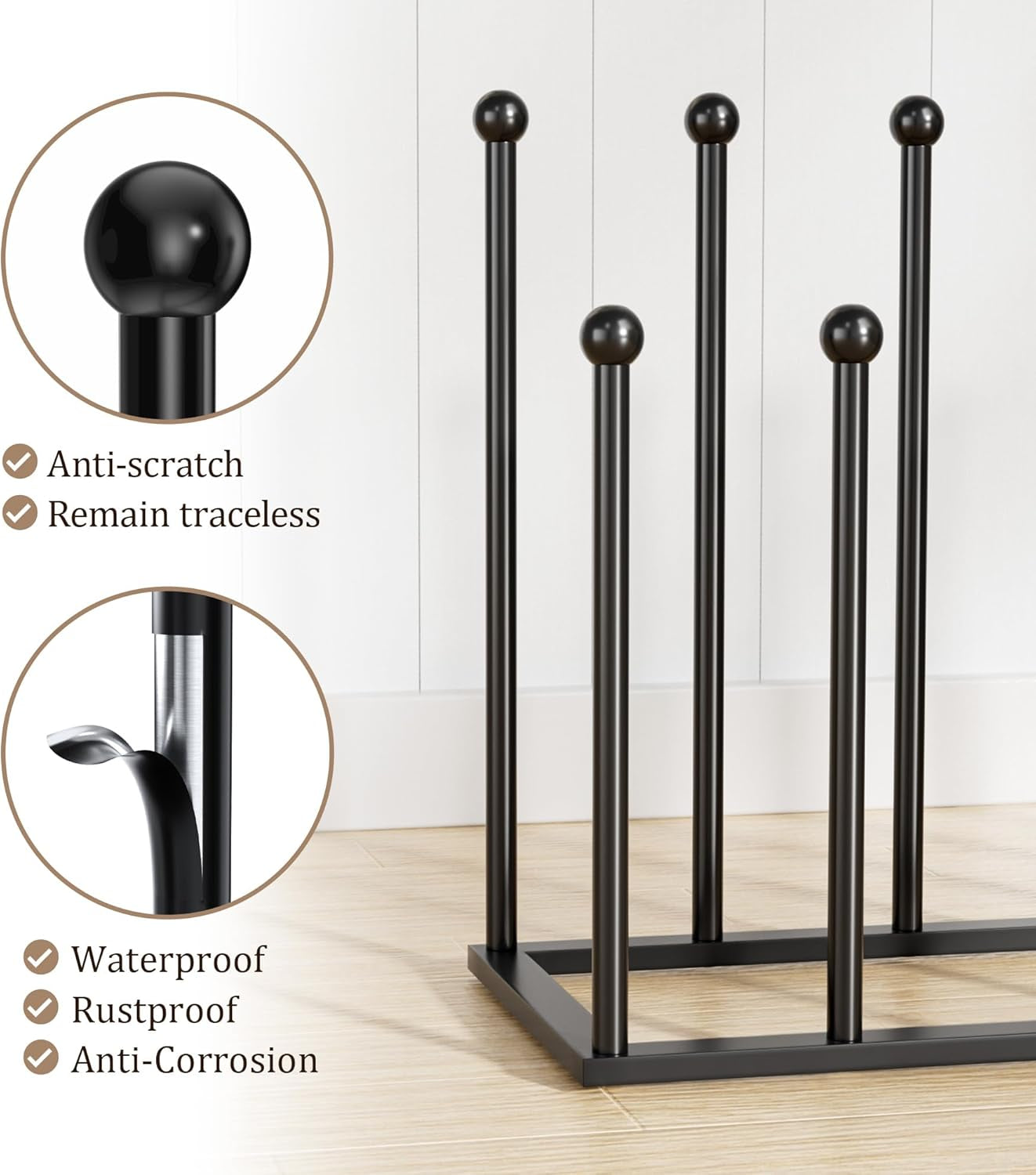 Close-up of black rounded pole tops and vertical tubes on the boot rack, front detail view