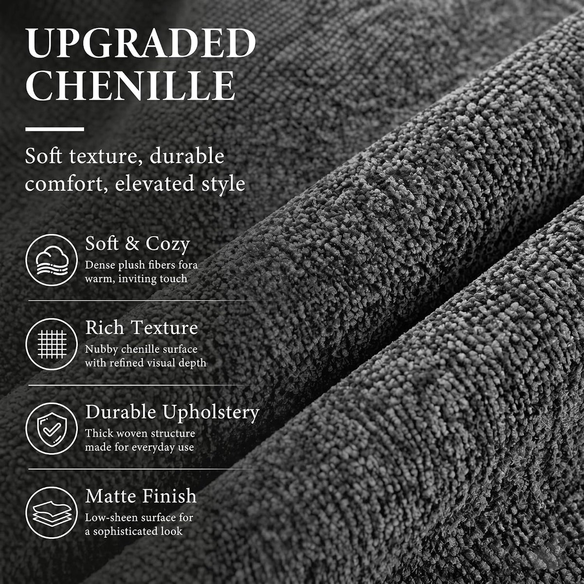 Tight close-up of dark chenille upholstery showing dense, nubby fibers and textured woven surface.