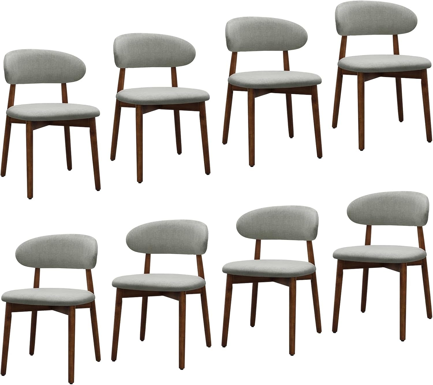 Eight gray upholstered dining chairs with curved backs and brown frames on white.