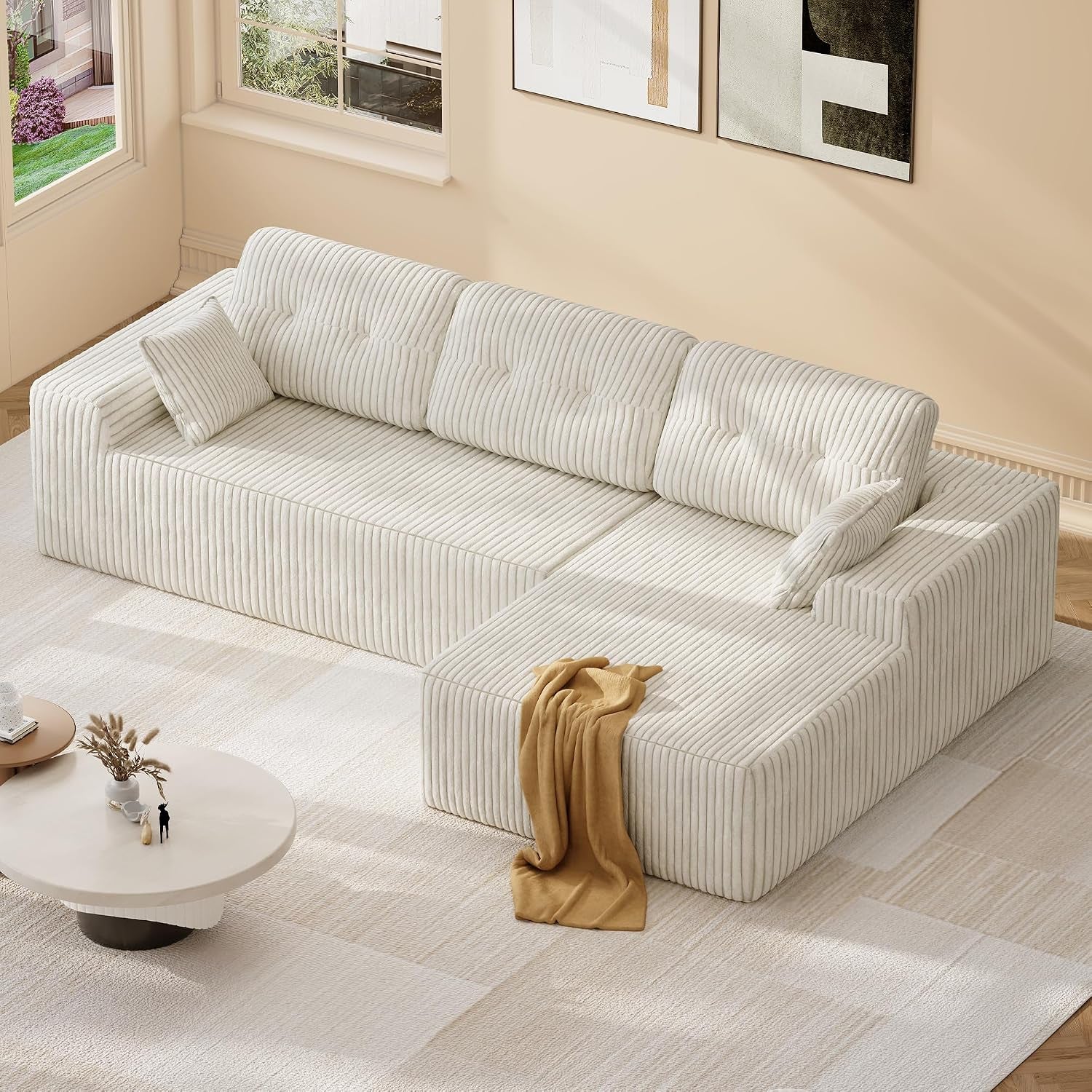 106" L-Shaped Modular Sectional Sofa, Boneless Cloud Couch | with Deep Seat, Corduroy Fabric, 18" Seat Height, 32D Foam & Pocket Spring Support, Right Facing Chaise for Living Room