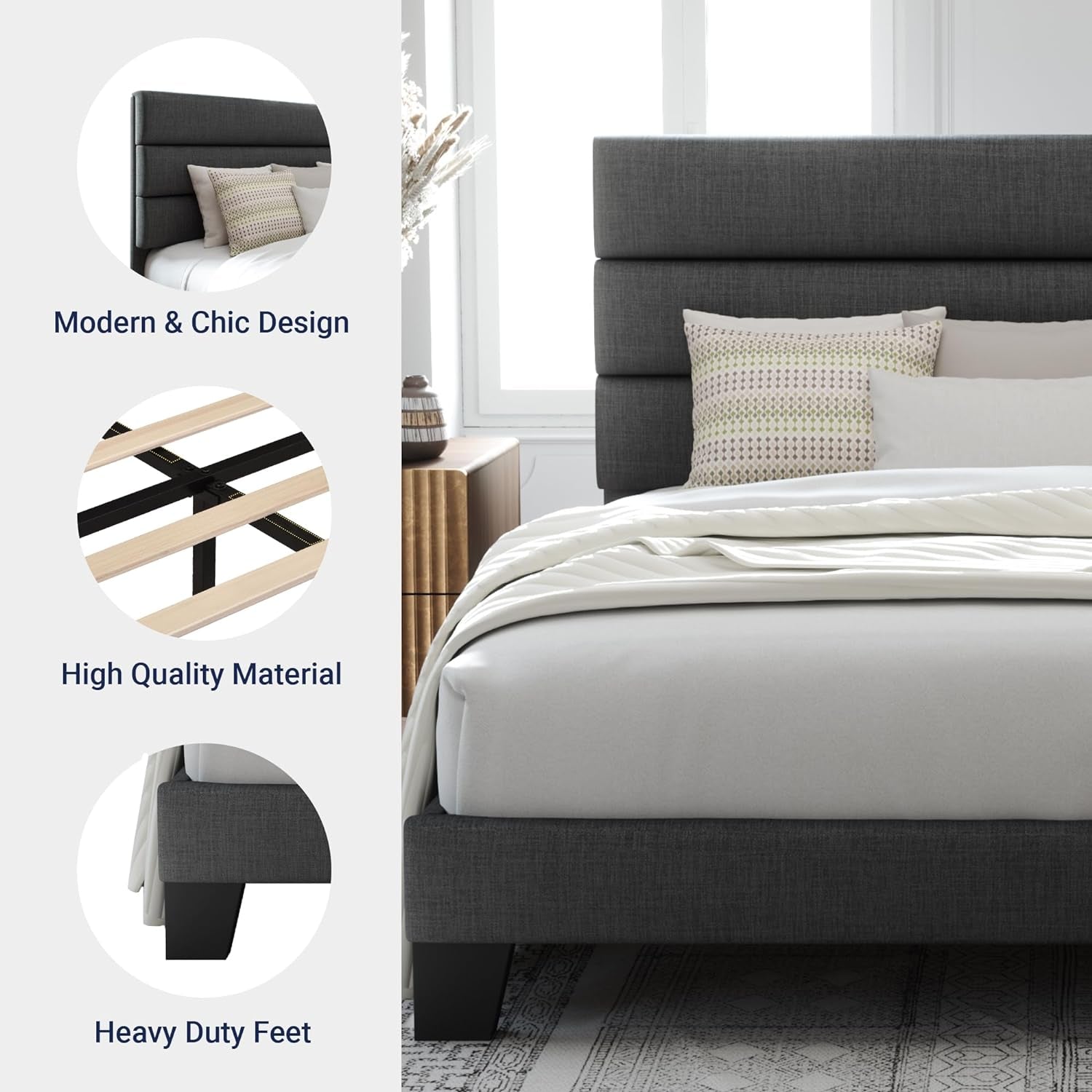 Feature collage beside a dark gray bed, highlighting the headboard, slatted base and front foot.