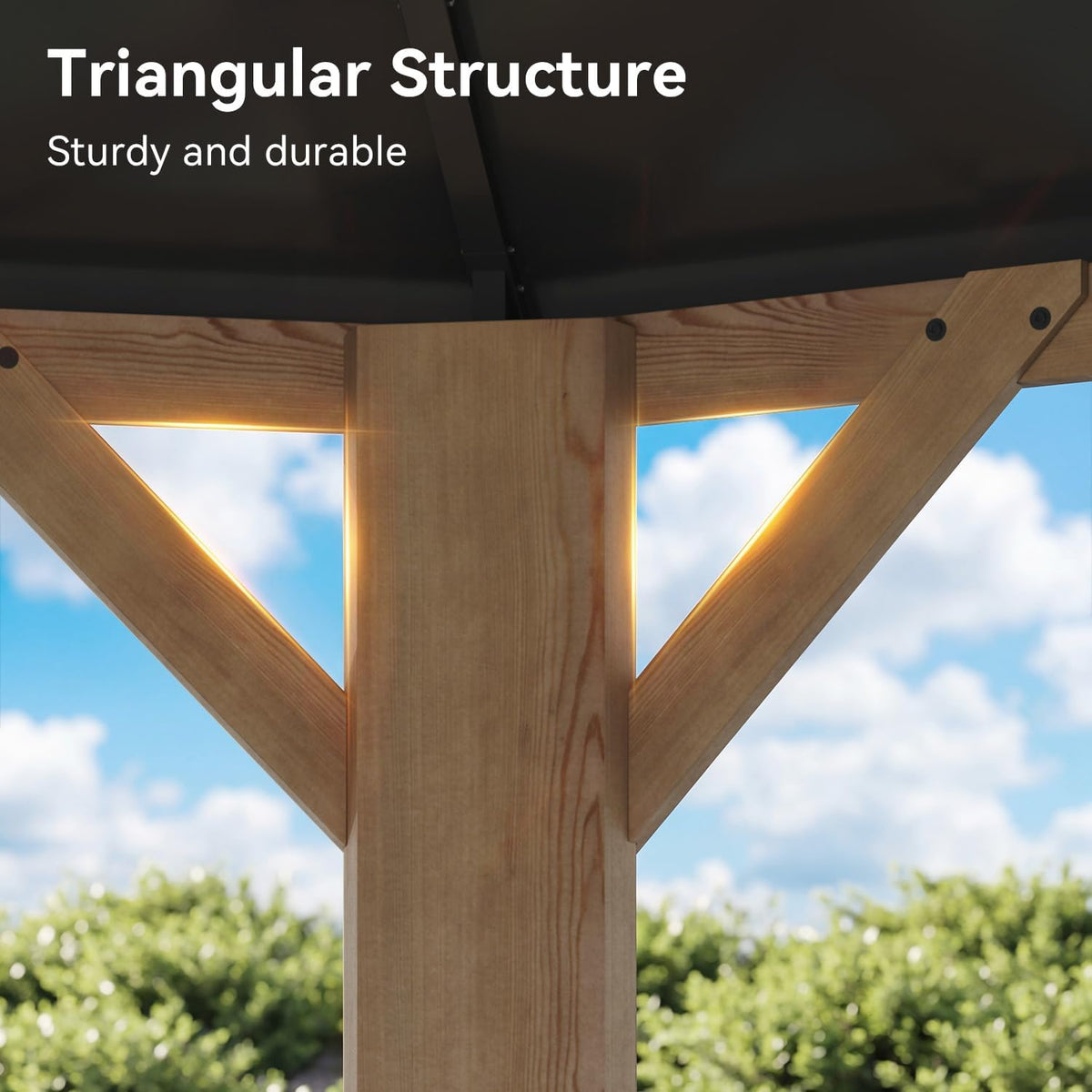 Close-up of a cedar post showing triangular support braces beneath the black hardtop roof
