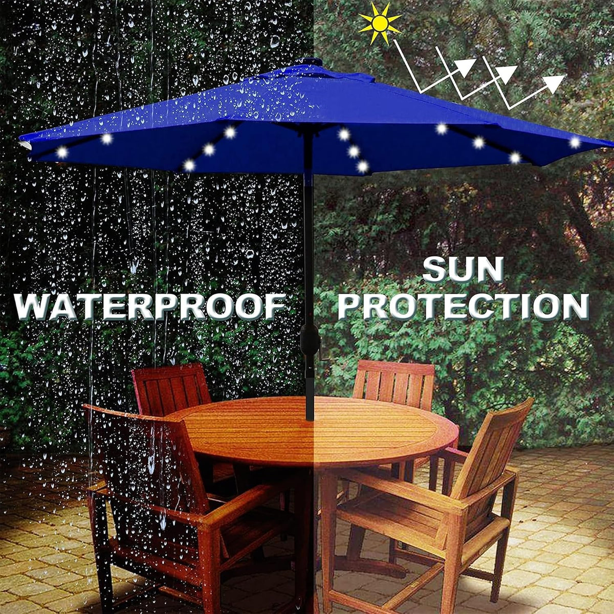 Navy blue umbrella shading a wooden patio table and chairs in a garden