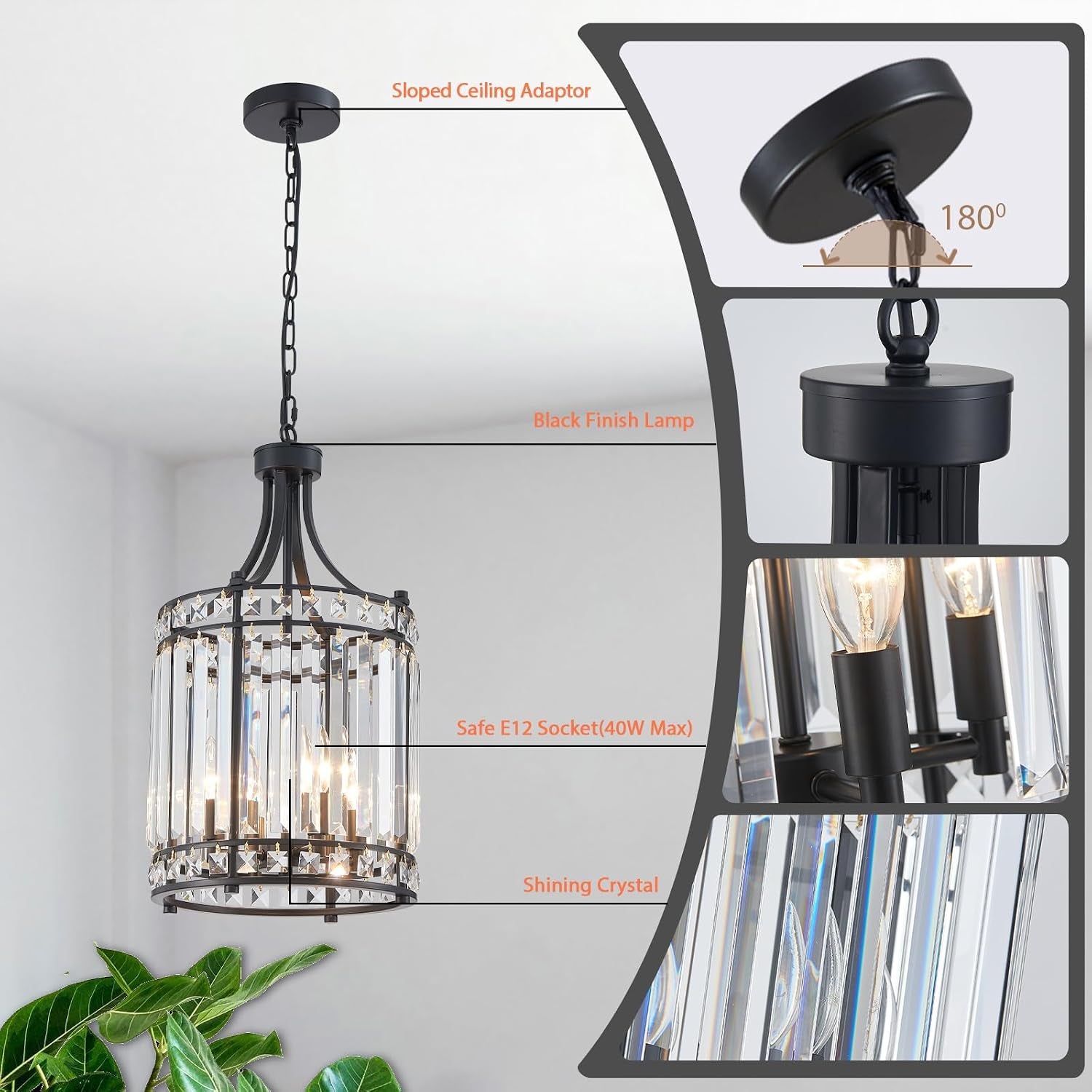 Composite view highlighting the sloped-ceiling adaptor, E12 sockets and vertical crystal bars on the fixture