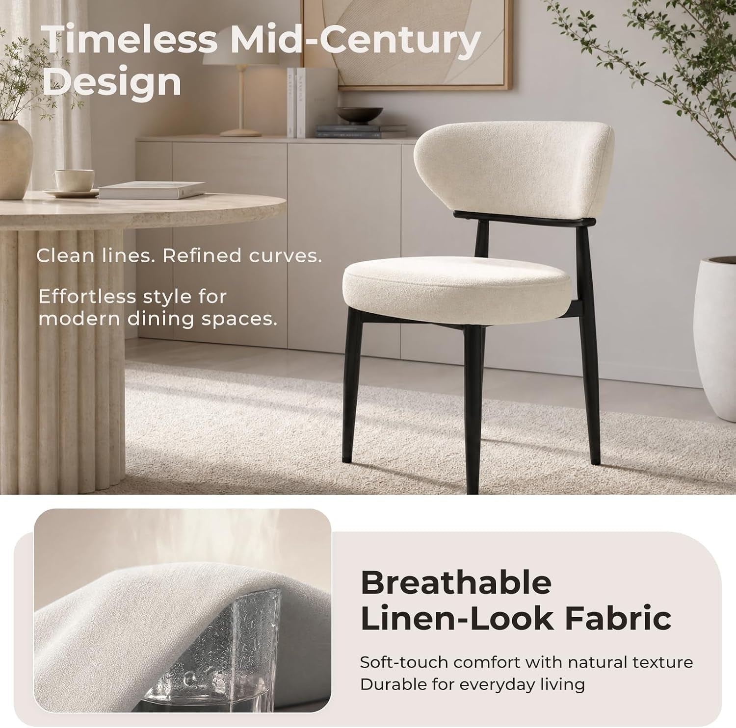 Beige dining chair beside a round table with an inset showing the linen-look upholstery texture.