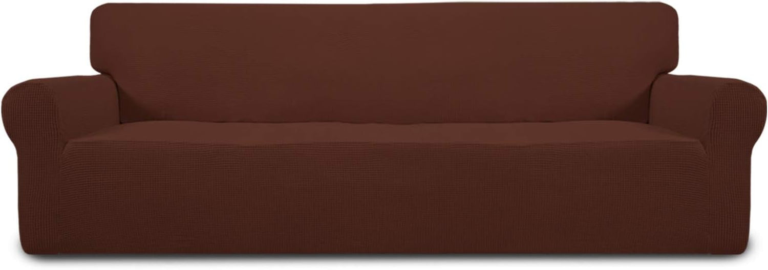 Front-facing brown loveseat cover in studio lighting with smooth seat panel and rounded arm shapes.