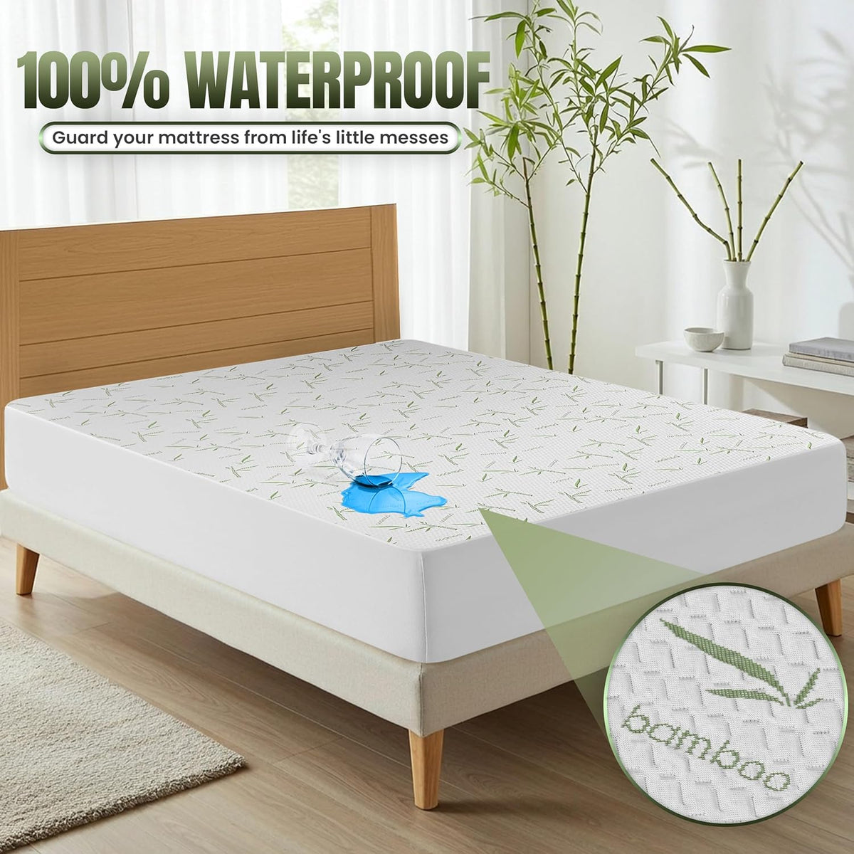White fitted mattress protector on bed with a blue liquid spill showing waterproof backing