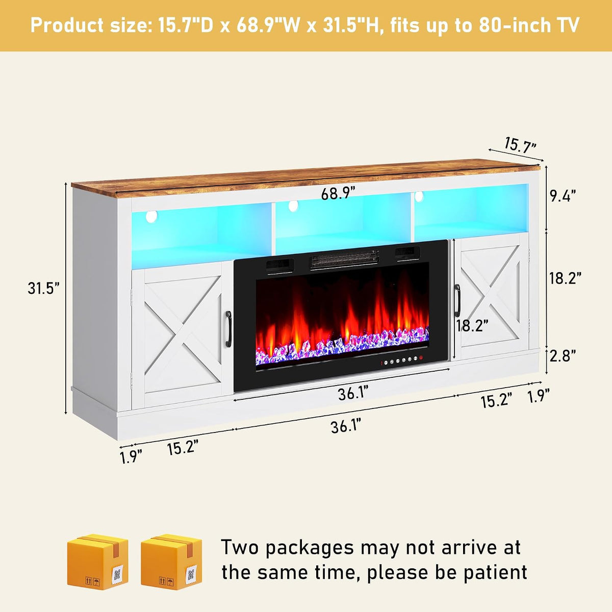 Diagram view of the console with dimensions called out for 15.7"D x 68.9"W x 31.5"H and shelf cutouts