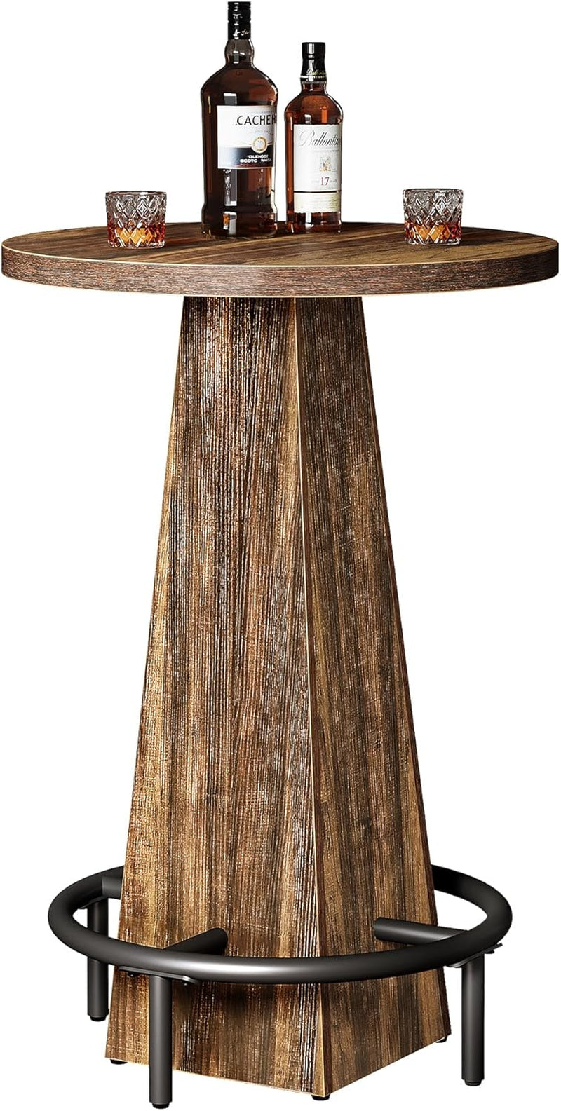 Round high-top table on a tapered wood base with a circular metal footrest, shown with drinks on top.
