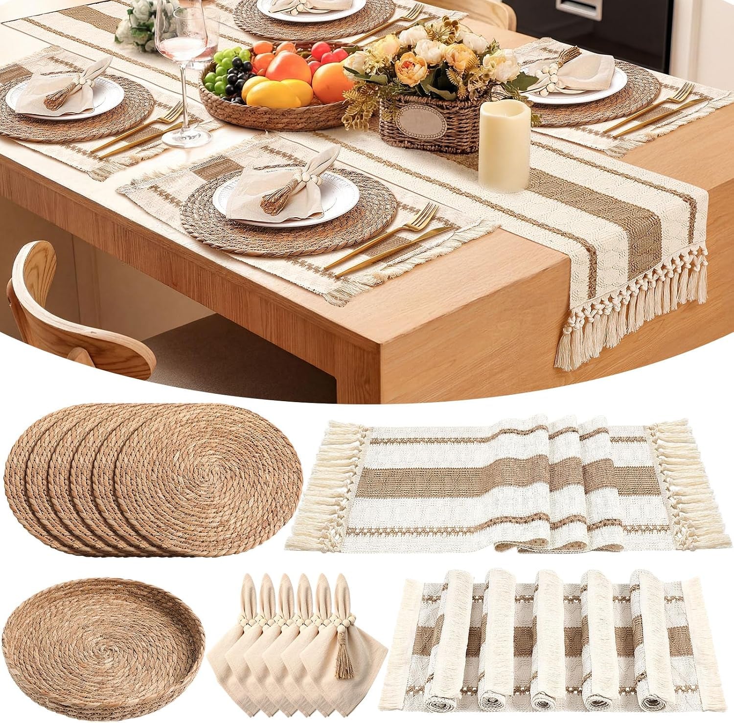 Table styled with khaki striped runner, woven round placemats, napkins and basket of fruit on wooden table