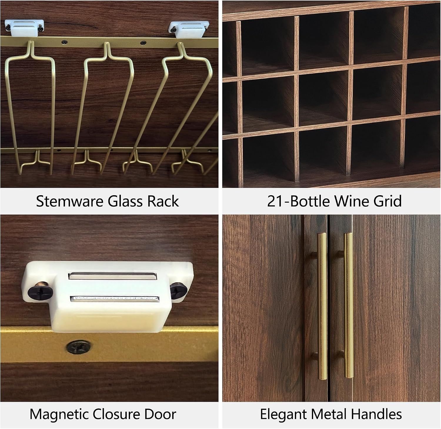 Close-up collage showing gold stemware racks, 21-bottle grid compartments, magnetic door catch and metal handles