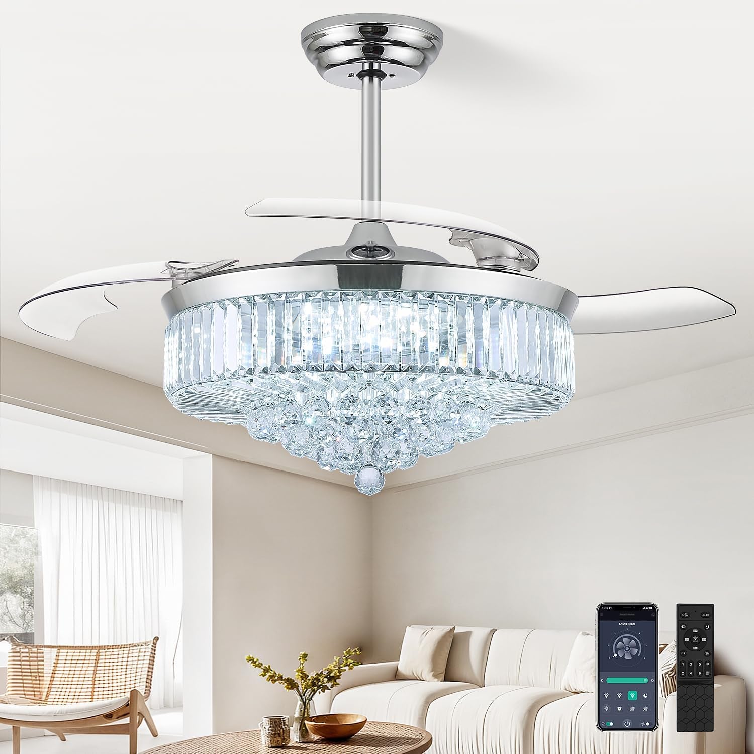 Chrome ceiling fan with clear crystal chandelier and translucent retractable blades over a sofa.