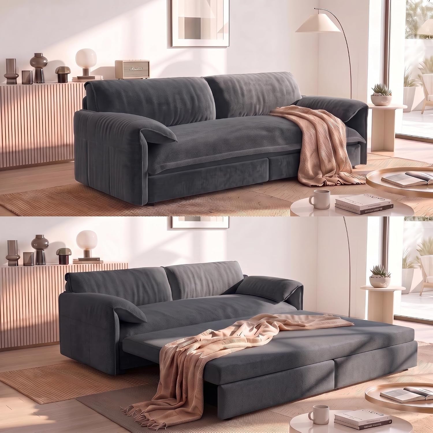 Dark gray corduroy sofa shown both as a couch and with the pull-out bed extended in a bright room