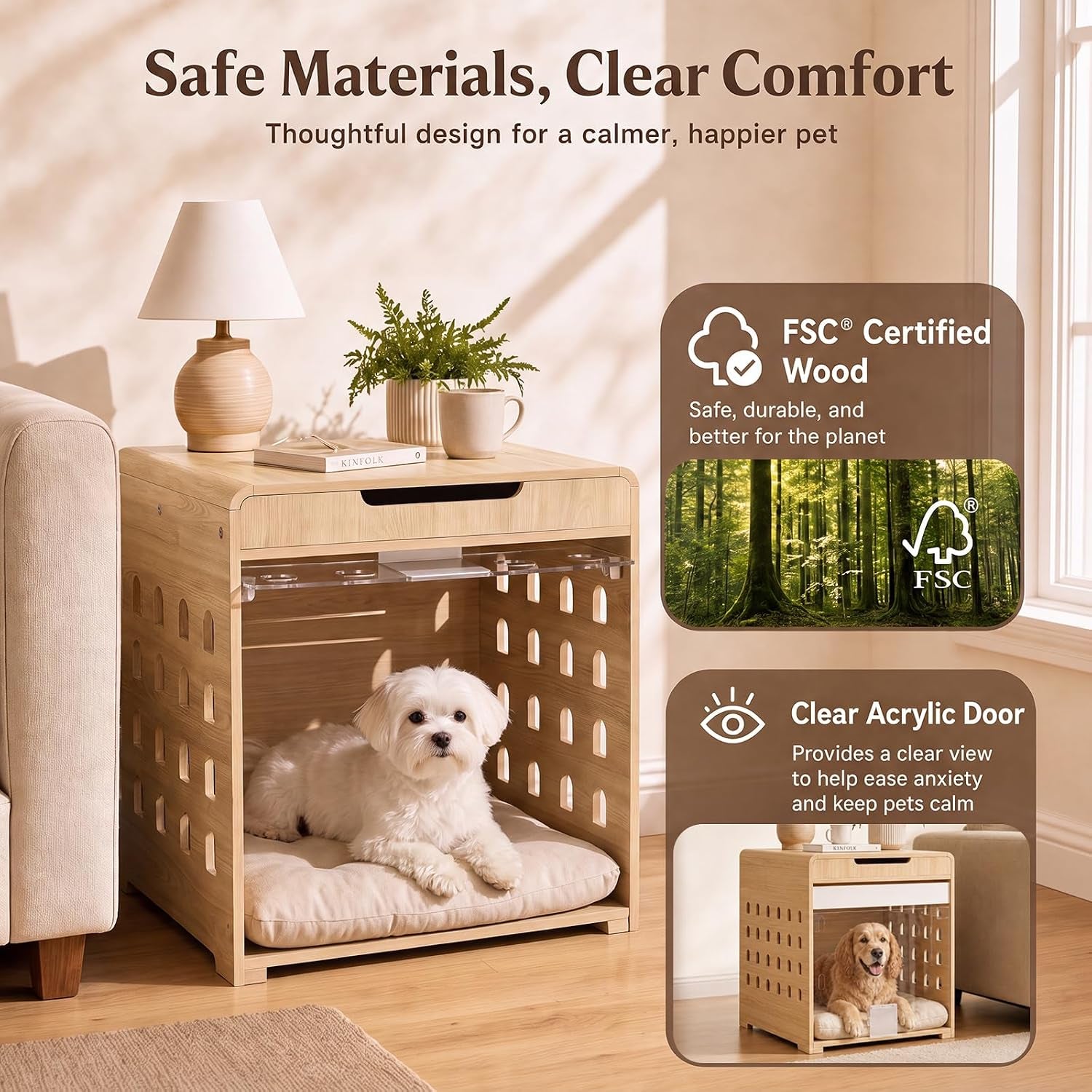 Oak crate end table with FSC-certified wood badge, clear acrylic flip-up door and small white dog resting inside