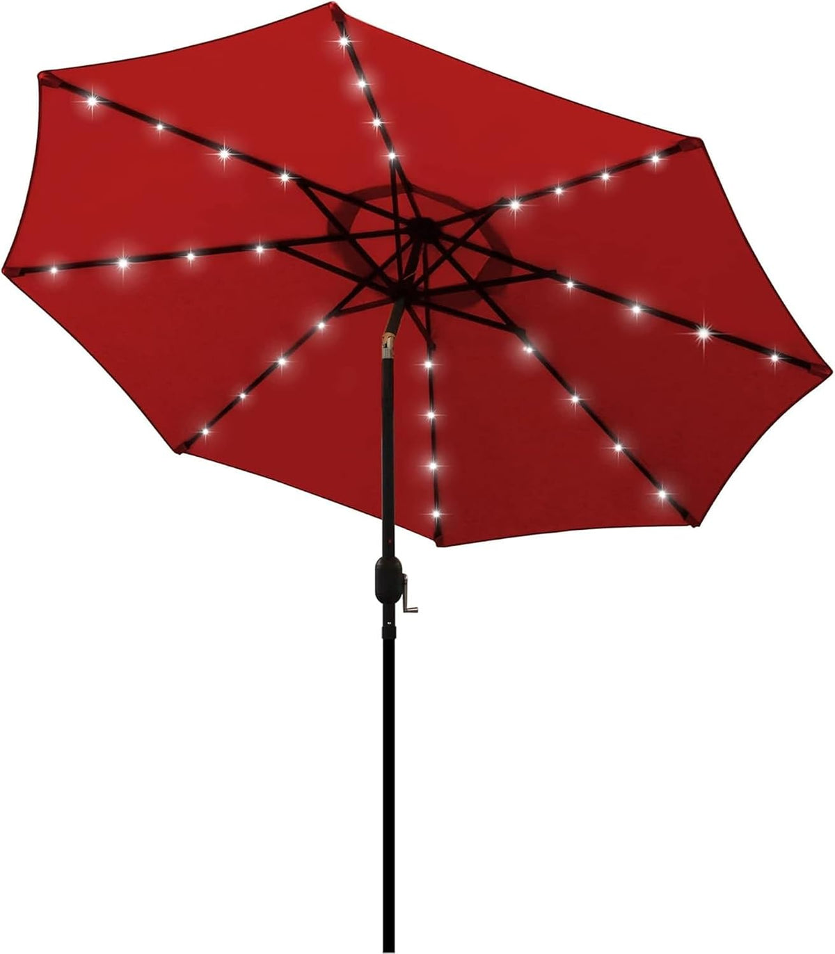Open red patio umbrella shown from below with small LED lights along each rib.