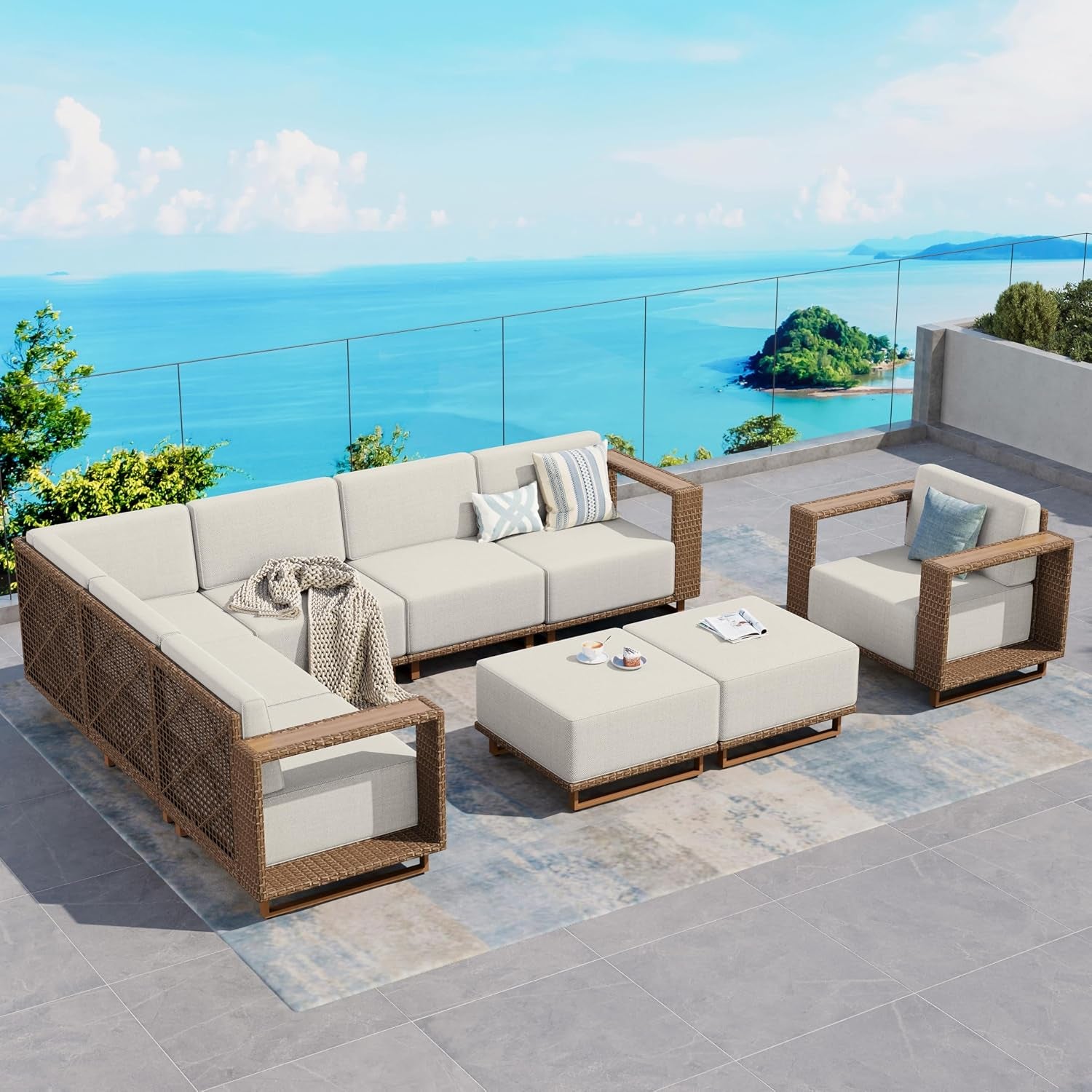 Modular beige sectional arranged with two ottomans as a central coffee surface and an armchair beside it.