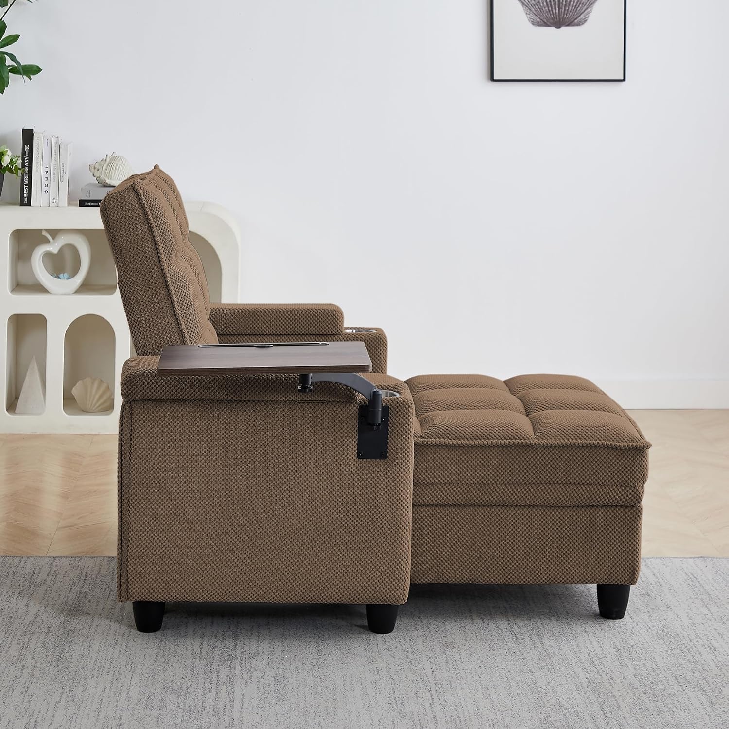 Side profile of brown chenille chaise lounge showing swivel tray mounted on arm and cushioned seat depth