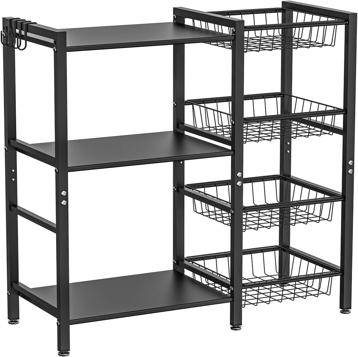 Black metal baker's rack front view showing two flat shelves, three wire baskets and four S-shaped hooks.