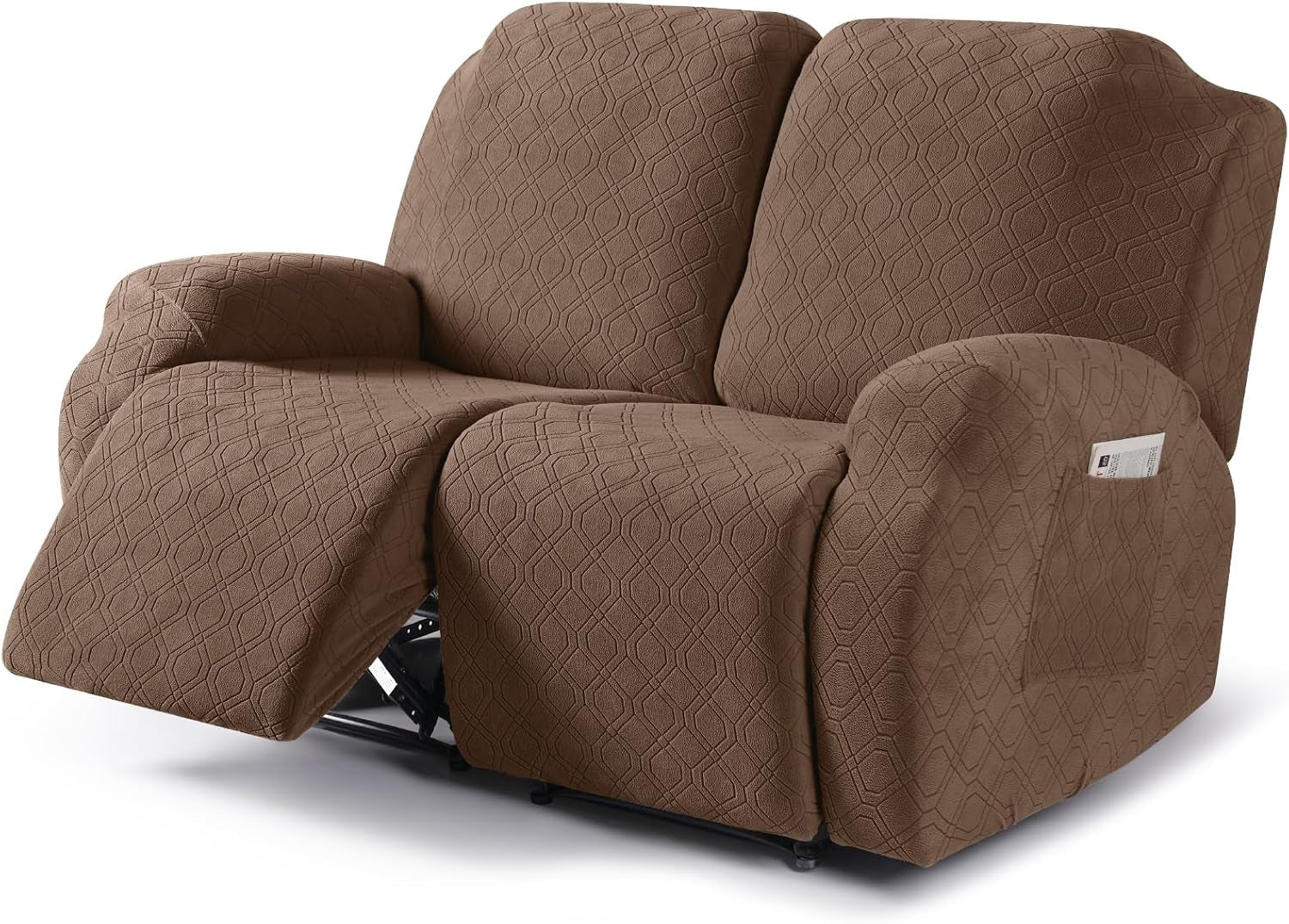 Three-quarter view of a brown three-seat recliner with textured slipcover and left leg rest lowered.