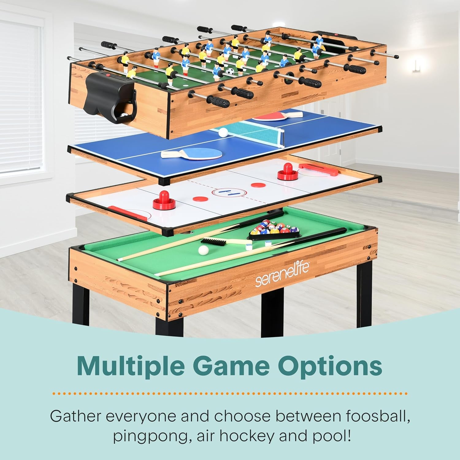 Exploded stacked view showing foosball top, ping pong, air hockey and pool surfaces in a neutral room