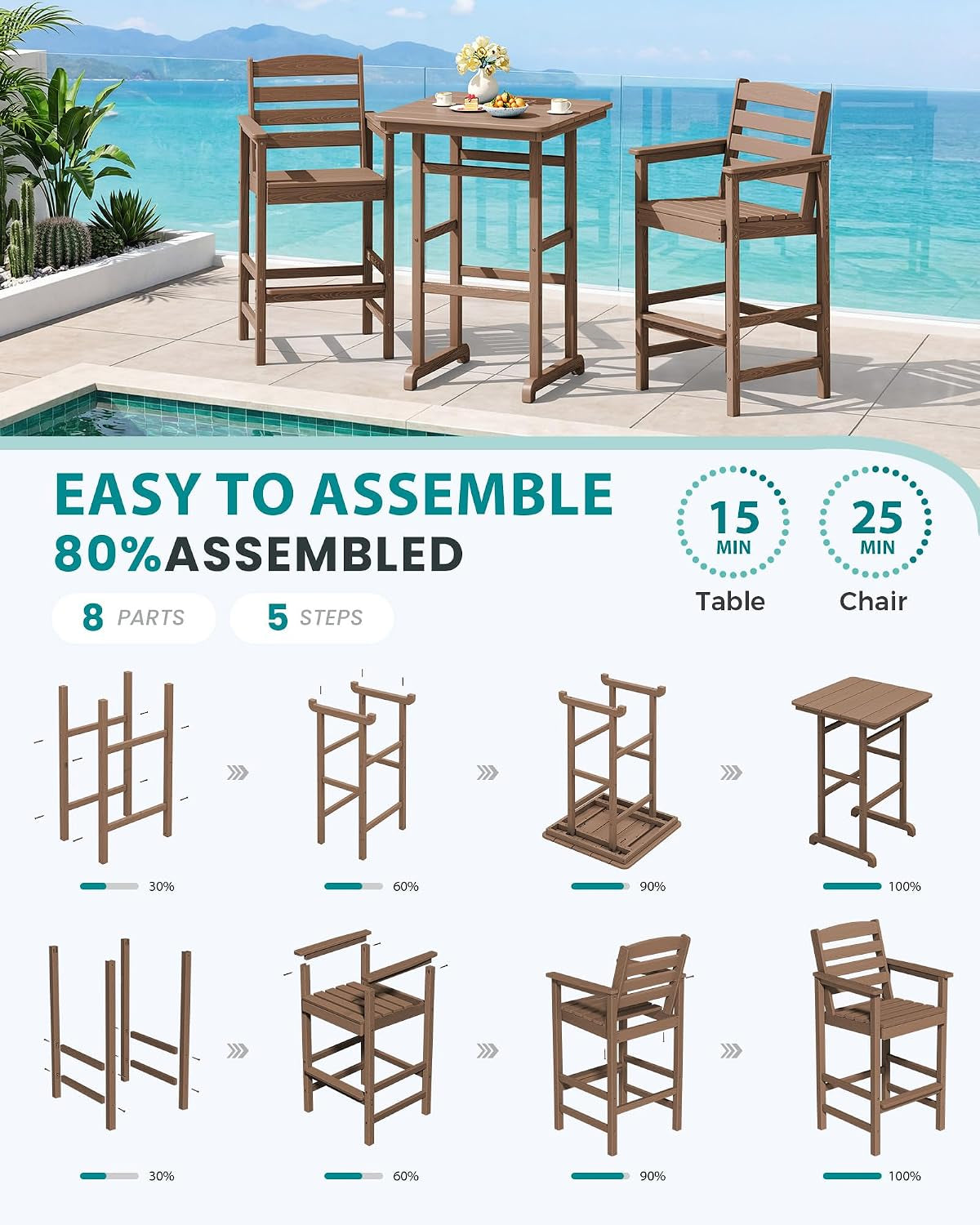 Three-piece bar set arranged by a pool above a sequence of illustrated assembly steps showing parts and progress.